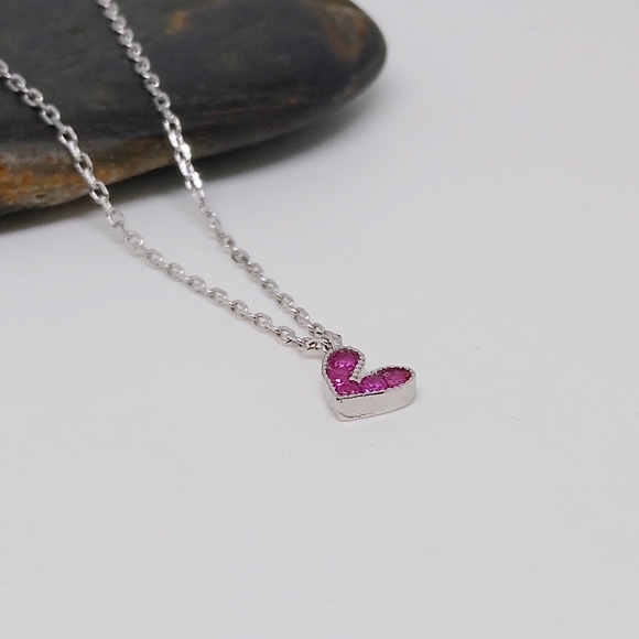 Dainty CZ Heart Pendant Silver Necklace - Picture 5 of 5